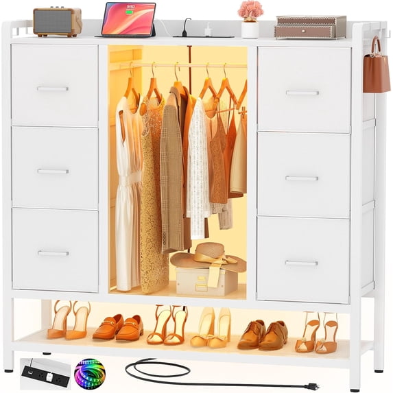 iSunirm Dresser for Bedroom with Clothes Rack & Shoe Rack, 6 Drawer Dresser with Power Outlet & LED Light, Chest of Drawers for Bedroom, Closet, Hallway, 15.7"D x 45.5"W x 47.2"H, White