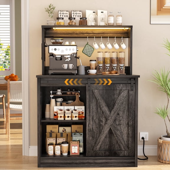 iSunirm Farmhouse Coffee Bar with Charging Station and LED Light, Bar Cabinet with Sliding Barn Door and Adjustable Shelves for Dining, Kitchen, Living Room, Gray Oak