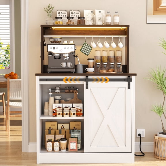 iSunirm Farmhouse Coffee Bar with Charging Station and LED Light, Bar Cabinet with Sliding Barn Door and Adjustable Shelves for Dining, Kitchen, Living Room, White & Walnut