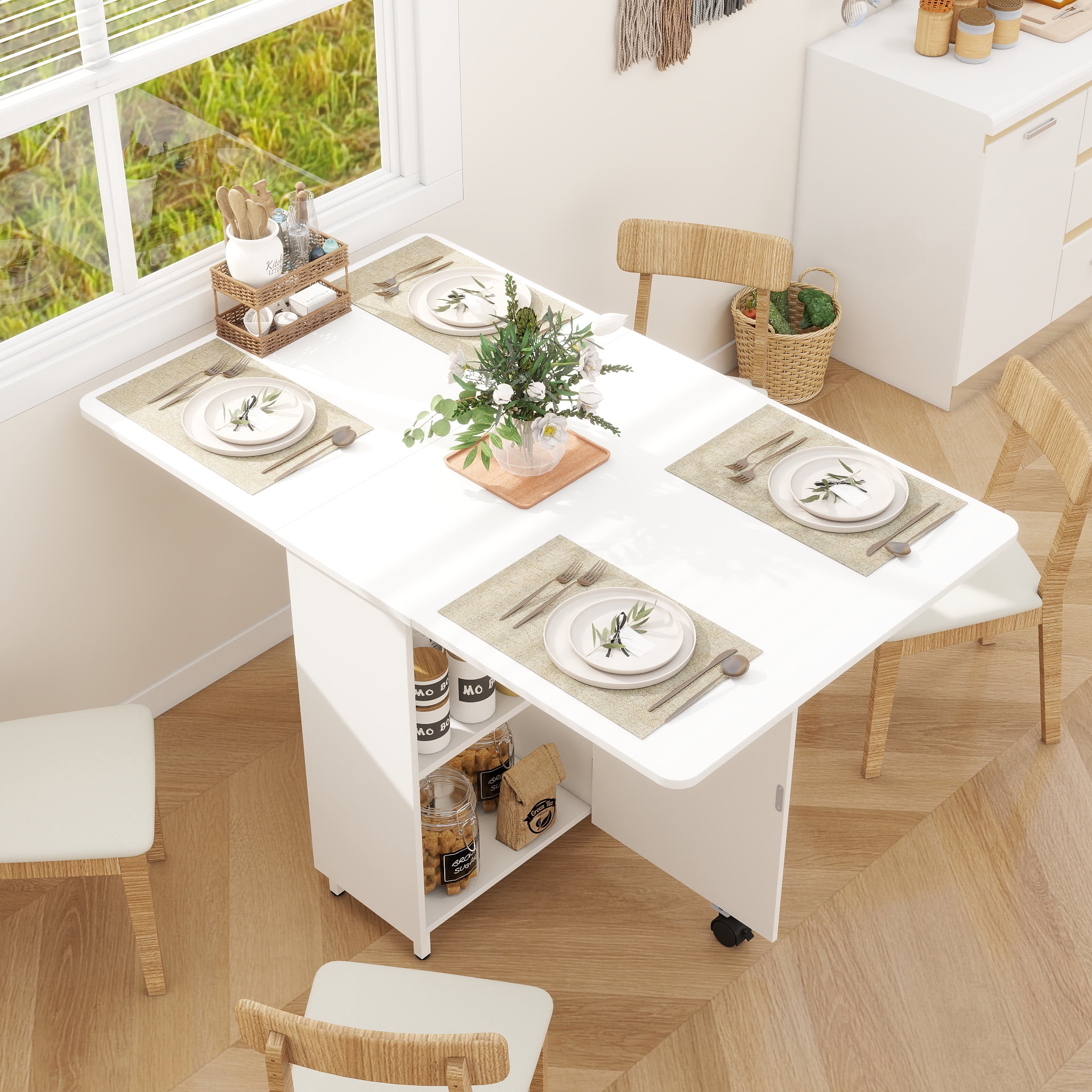 iSunirm Folding Dining Table with Storage, 51.2" Dining Table for 2-4 People, Wooden Dining Table with Under Cabinet, Desktop is Foldable., Portable Dining Table for Home, White