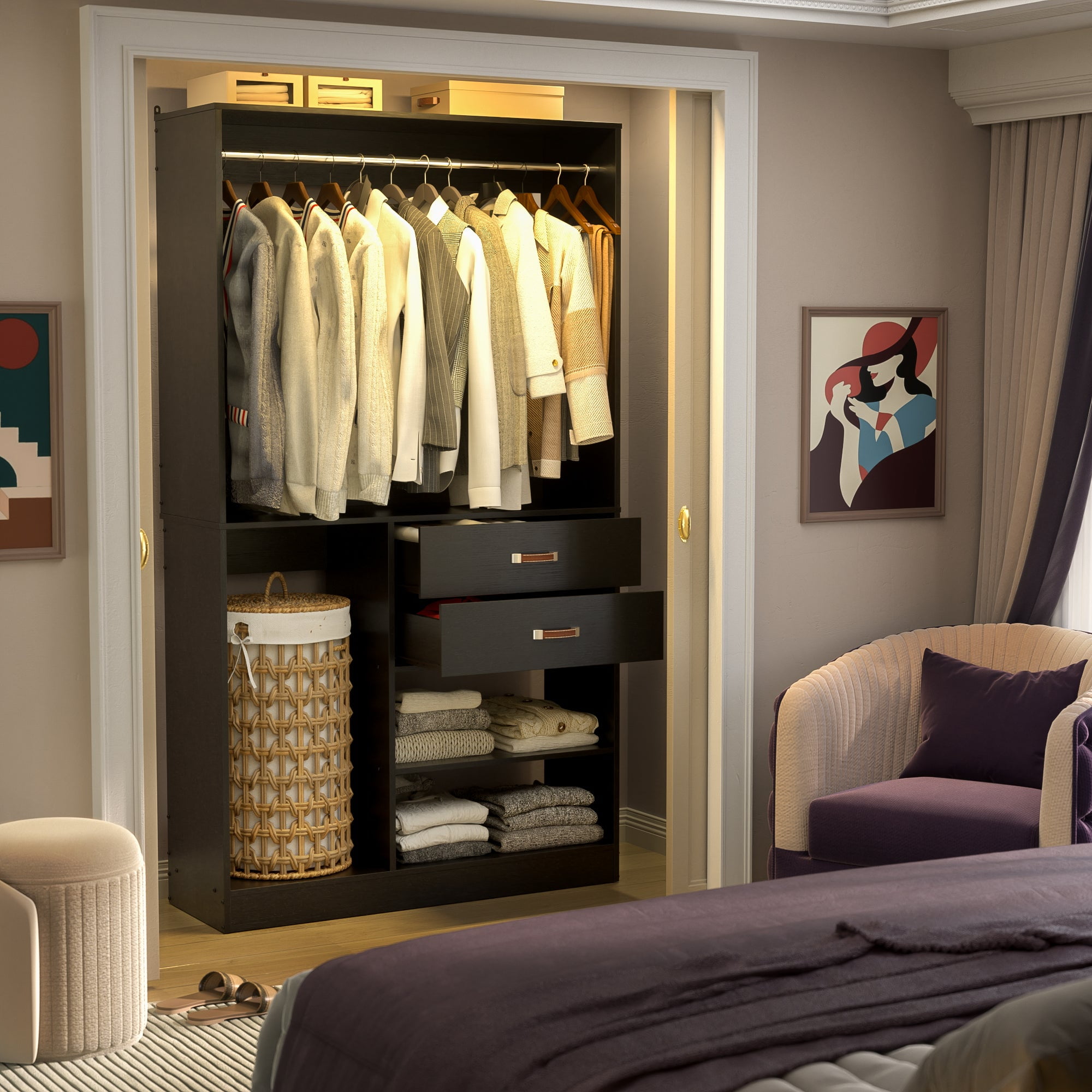 iSunirm Freestanding Wardrobe with Suitcase Storage, 40'' Wood Closet