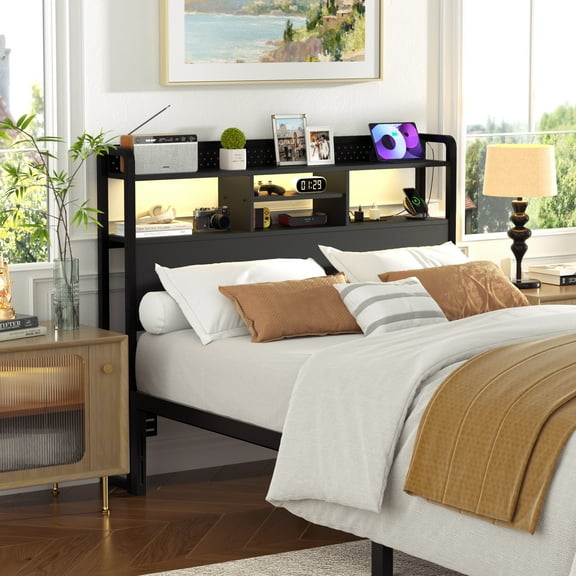 iSunirm Full Headboard Only, Headboard for Full Size Bed with Outlets and Storage, Bookcase Headboard with LED Lights, Height Adjustable, Sturdy and Easy Assembly, Black