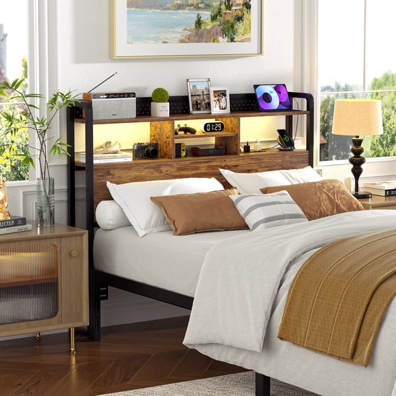 iSunirm Full Headboard Only, Headboard for Full Size Bed with Outlets and Storage, Bookcase Headboard with LED Lights, Height Adjustable, Sturdy and Easy Assembly, Rustic Brown