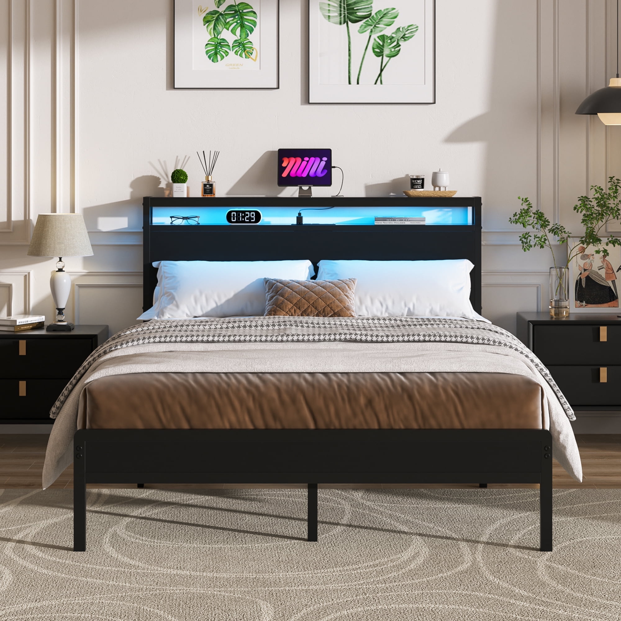 iSunirm Full Size Bed Frame with Charging Station and Led Lights ...