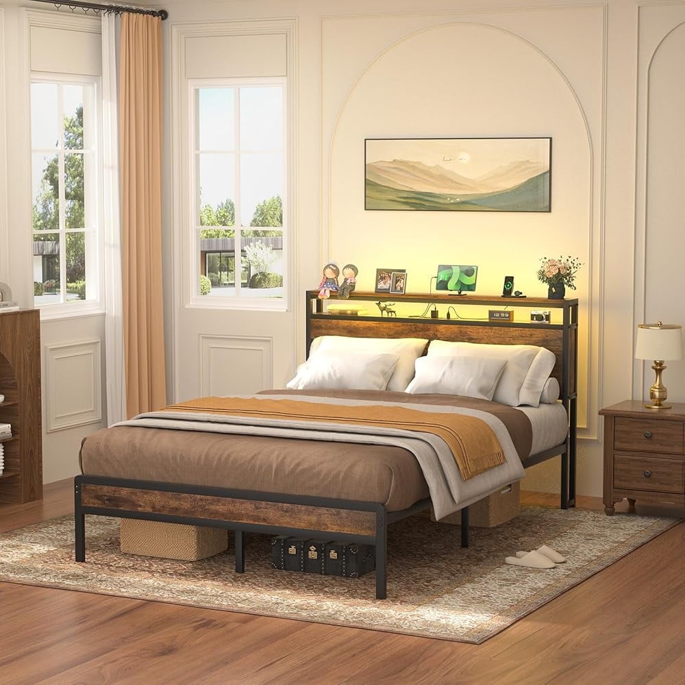 iSunirm Full Size Bed Frame with Charging Station and Led Lights ...