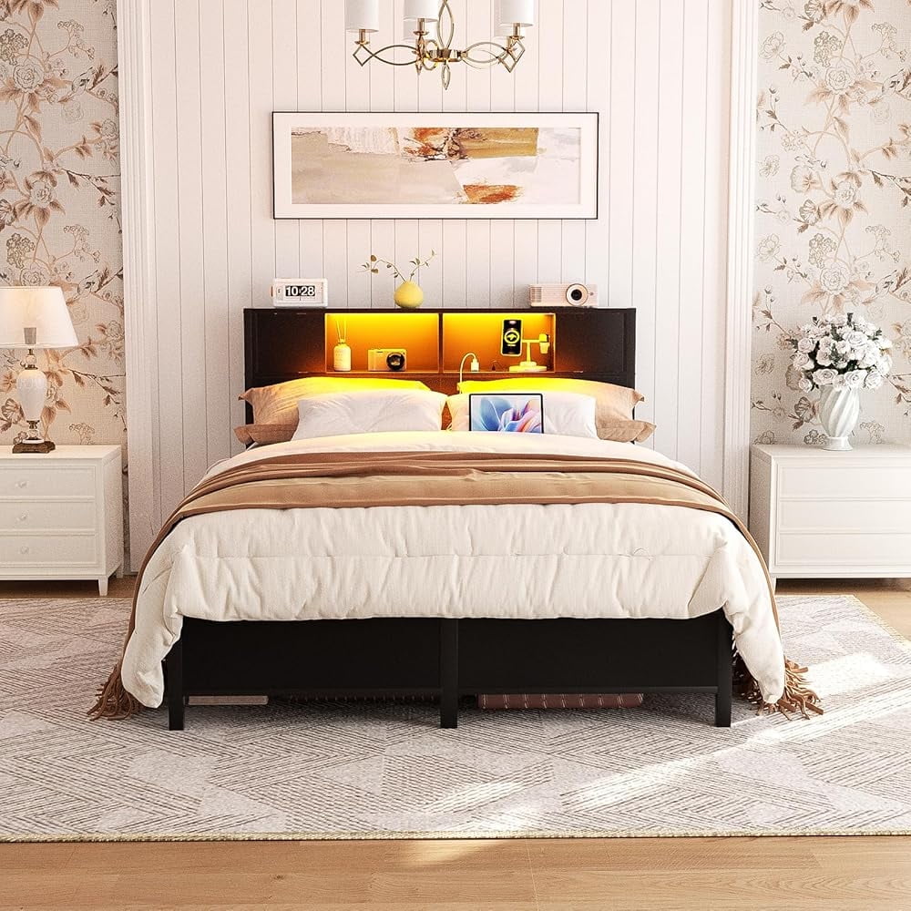 Black Full Size Platform Bed Frame with LED Lighted Storage Headboard