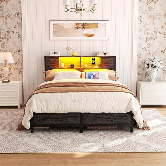 iSunirm Full Size Platform Bed Frame with LED Lights, Storage Headboard and Charging Station, Steel Slat Support, Noise Free, No Box Spring Needed, Easy Assembly, Black Oak