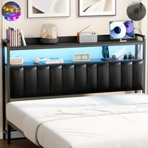 iSunirm Full Size Upholstered Headboard with Outlets & LED Lights, Leather Headboard with and USB Ports and Storage Shelves, Height Adjustable, 55.1''L * 6.3''D * 41.73''H, Black