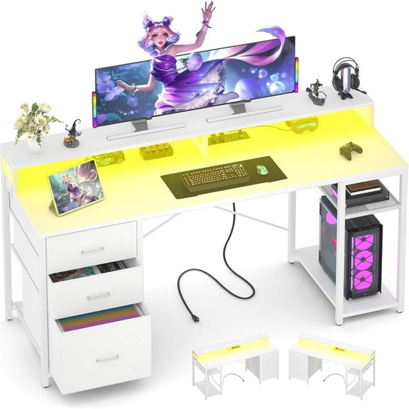 iSunirm Gaming Desk with RGB LED Lights & Power Outlets, 59'' Computer Desk with 3 Fabric Drawers, Corner Desk with Monitor Stand for Home and Office, Ideal Writing Desk, Workstation, White