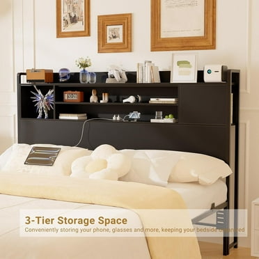 iSunirm Headboard for Full Size Bed, Bookcase Headboard with Power Outlets and LED Lights, Reversible Headboard with Storage, Height Adjustable, Sturdy and Stable, Full Size, Black