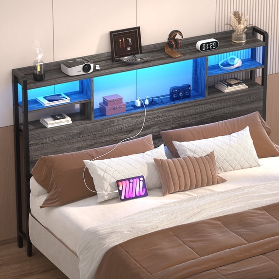 iSunirm Headboard for Full Size Bed with Bookcase Storage, Headboards with LED Light and Power Outlets, Sturdy Wood Full Size Head Board, for Full Size Bed, 55.1'' Width, Black Oak