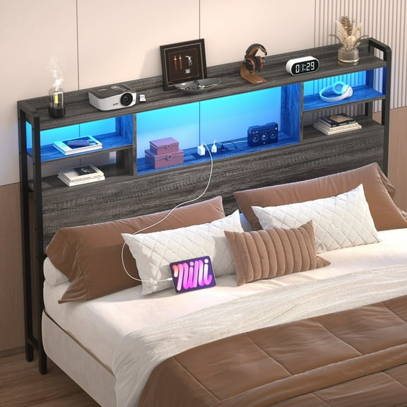 iSunirm Headboard for Full Size Bed with Bookcase Storage, Headboards with LED Light and Power Outlets, Sturdy Wood Full Size Head Board, for Full Size Bed, 55.1'' Width, Black Oak