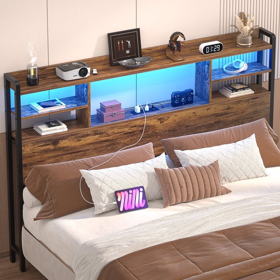 iSunirm Headboard for Full Size Bed with Bookcase Storage, Headboards with LED Light and Power Outlets, Sturdy Wood Full Size Head Board, for Full Size Bed, 55.1'' Width, Rustic Brown