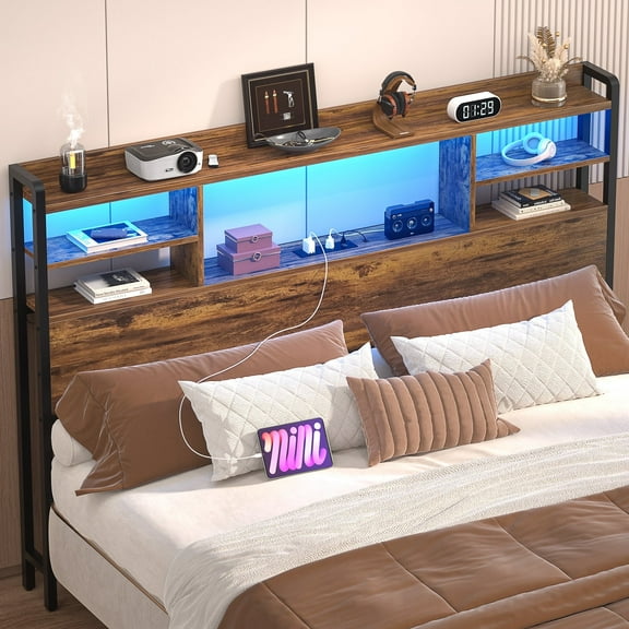 iSunirm Headboard for Full Size Bed with Bookcase Storage, Headboards with LED Light and Power Outlets, Sturdy Wood Full Size Head Board, for Full Size Bed, 55.1'' Width, Rustic Brown