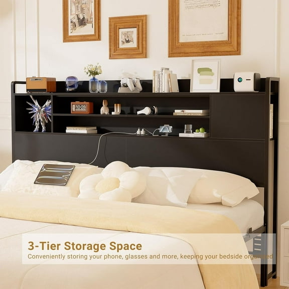 iSunirm Headboard for King Size Bed, Bookcase Headboard with Power Outlets and LED Lights, Reversible Headboard with Storage, Height Adjustable, Sturdy and Stable, King Size, Black
