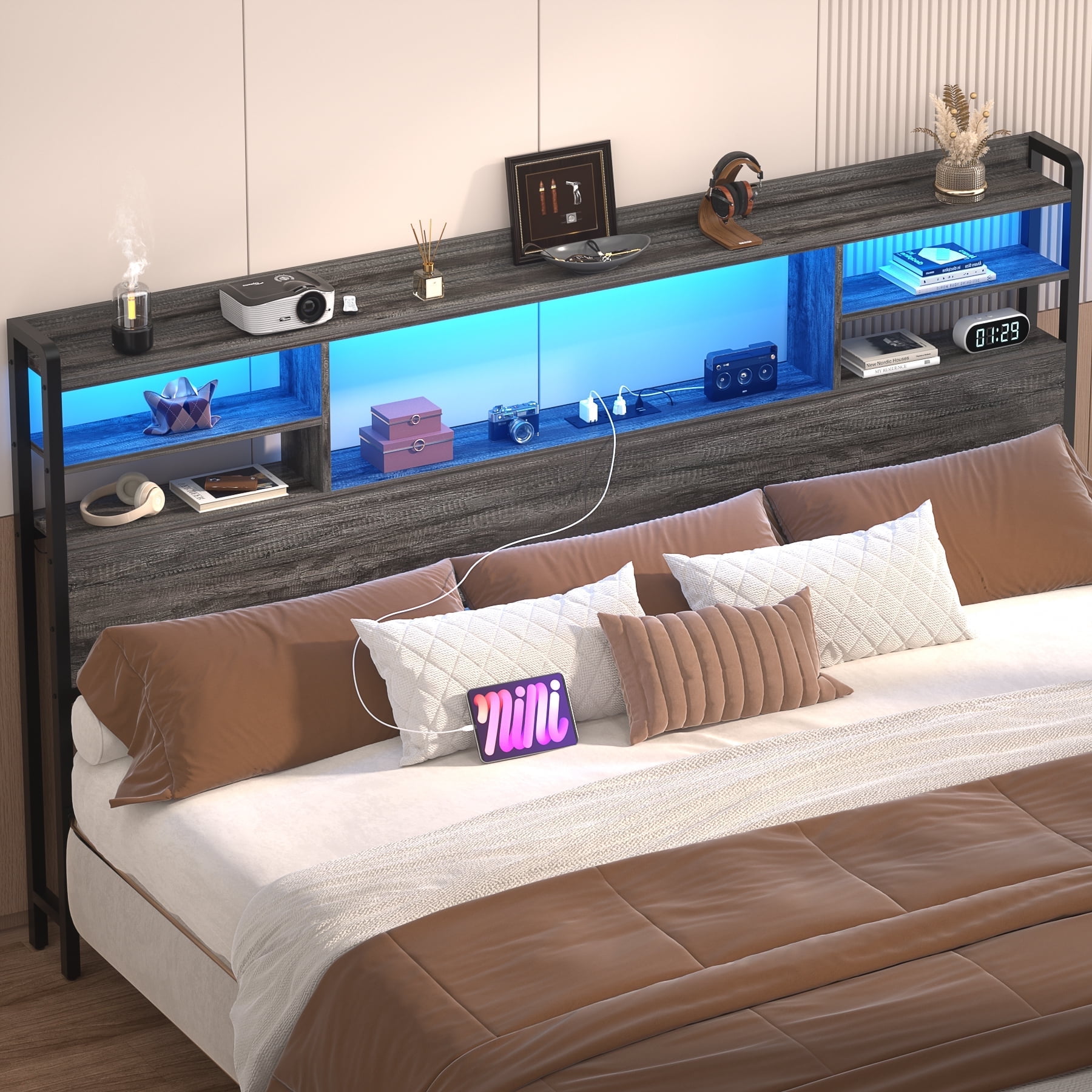 iSunirm Headboard for King Size Bed with Bookcase Storage, King Headboards with LED Light and Power Outlets, Modern King Size Head Board, for King Size Bed, 77.2'' Width, Black Oak