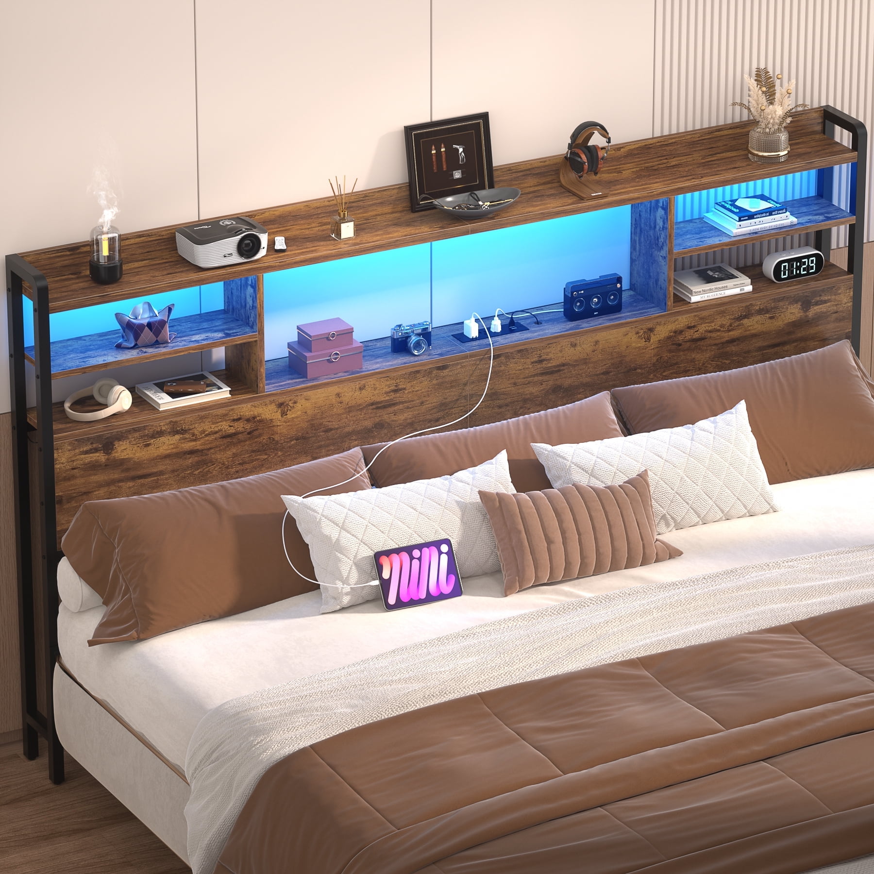 iSunirm Headboard for King Size Bed with Bookcase Storage, King Headboards with LED Light and Power Outlets, Modern King Size Head Board, for King Size Bed, 77.2'' Width, Rustic Brown