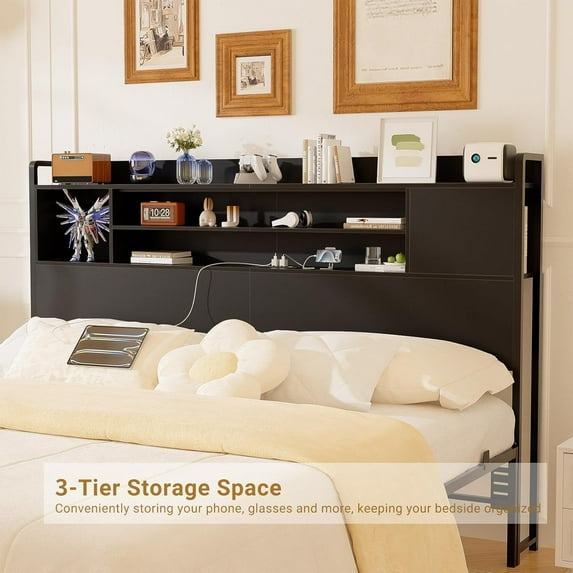 iSunirm Headboard for Queen Size Bed, Bookcase Headboard with Power Outlets and LED Lights, Reversible Headboard with Storage, Height Adjustable, Sturdy and Stable, Queen Size, Black