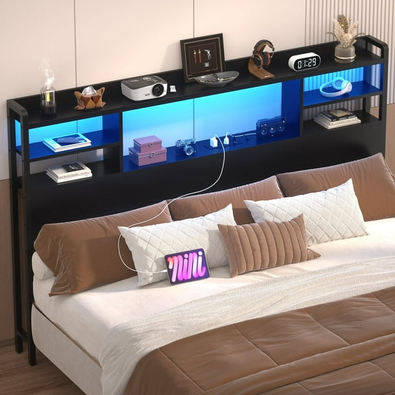 iSunirm Headboard for Queen Size Bed with Bookcase Storage, Queen Headboards with LED Light and Power Outlets, Sturdy Queen Size Head Board, for Queen Size Bed, 61'' Width, Black