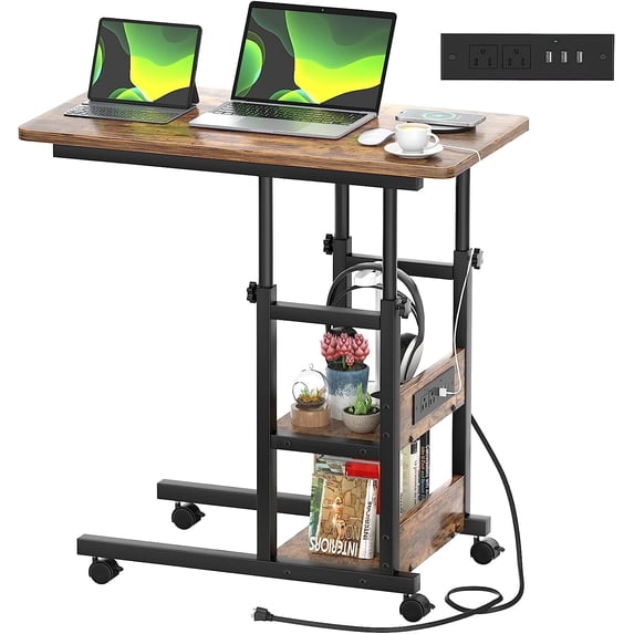 iSunirm Height Adjustable C Shaped End Table with Charging Station, Mobile Laptop Side Table with USB Ports, 2-tier Sofa Couch Table with Storage Shelf, for Living Room, Bedroom, Rustic Brown