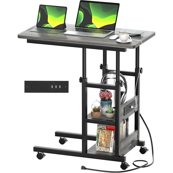 iSunirm Height Adjustable C Shaped End Table with Charging Station, Mobile Laptop Side Table with USB Ports, 2-tier Sofa Couch Table with Storage Shelf, for Living Room, Bedroom, Black Oak