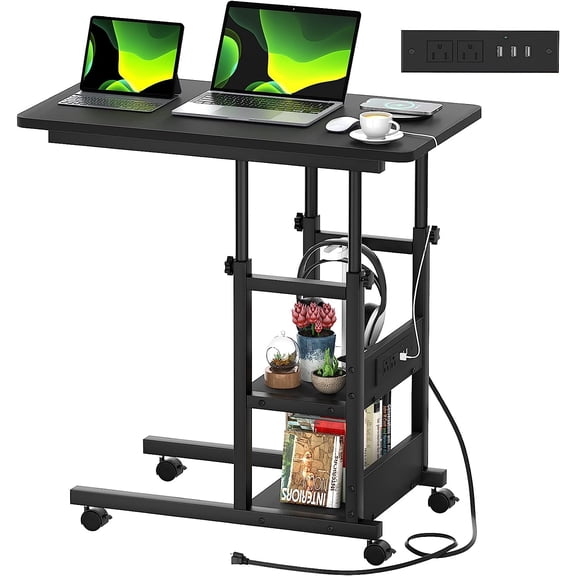 iSunirm Height Adjustable C Shaped End Table with Charging Station, Mobile Laptop Side Table with USB Ports, 2-tier Sofa Couch Table with Storage Shelf, for Living Room, Bedroom, Black