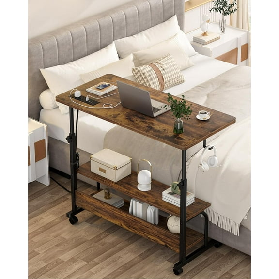 iSunirm Height Adjustable Standing Desk with Power Outlet & USB Ports, Max Height 41'', Small Mobile Computer Desk with Storage Shelves & Hooks, Portable Laptop Table for Home & Office, Rustic Brown