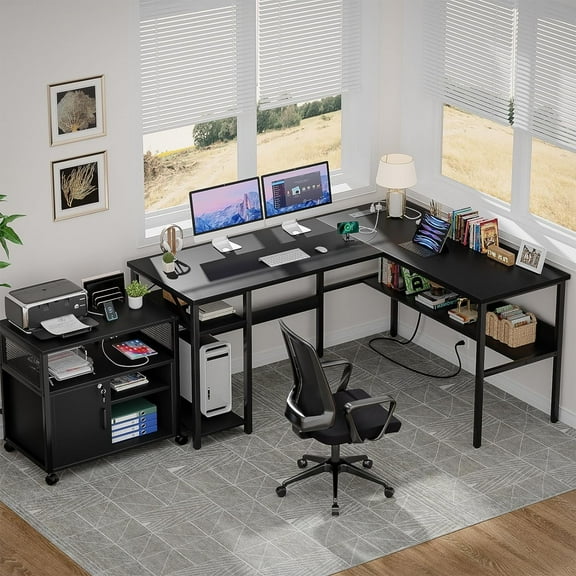iSunirm Home Office Desk Adult Lap Desks, 42.5 x 50.4 in, Black, L Shaped Computer Desk with Magic Power Outlets and USB Charging Ports