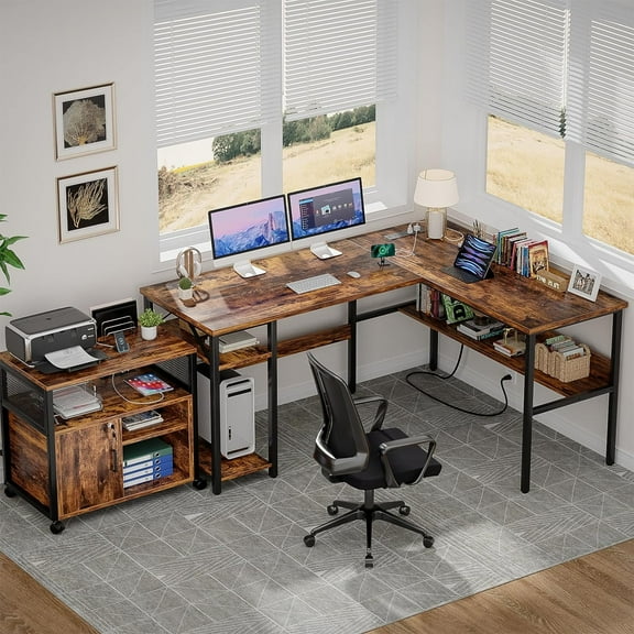 iSunirm Home Office L Shaped Desk with Magic Power Outlets and USB Charging Ports, 50.4"D x 42.5"W x 29"H, Storage Shelves, Reversible L Shaped Desk, Both Suitable for Students&Adults, Rusty Brown