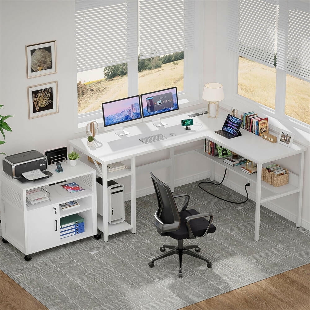 iSunirm Home Office L Shaped Desk with Magic Power Outlets and USB Charging Ports, 50.4"D x 42.5"W x 29"H, Storage Shelves, Reversible L Shaped Desk, Suitable for Students & Adults, White