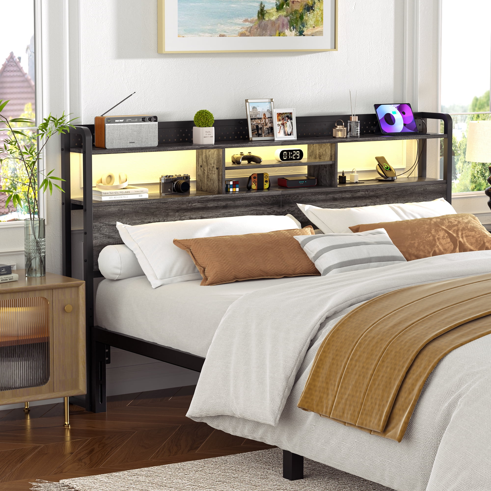 iSunirm King Headboard Only, Headboard for King Size Bed with Outlets and Storage, Bookcase Headboard with LED Lights, Height Adjustable, Sturdy and Easy Assembly, BLack Oak