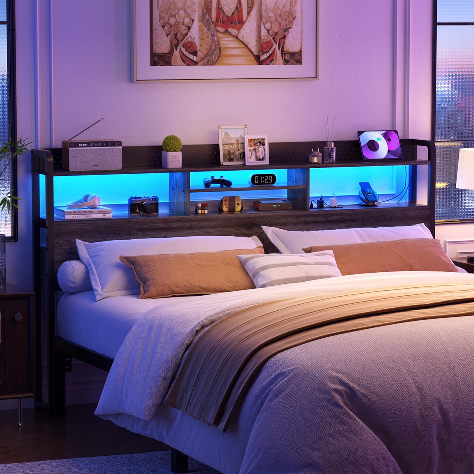 Isunirm Full Headboard Only, Headboard for Full Size Bed with Outlets and Storage, Bookcase Headboard with LED Lights, Height Adjustable, Sturdy and, image size:1600x1600