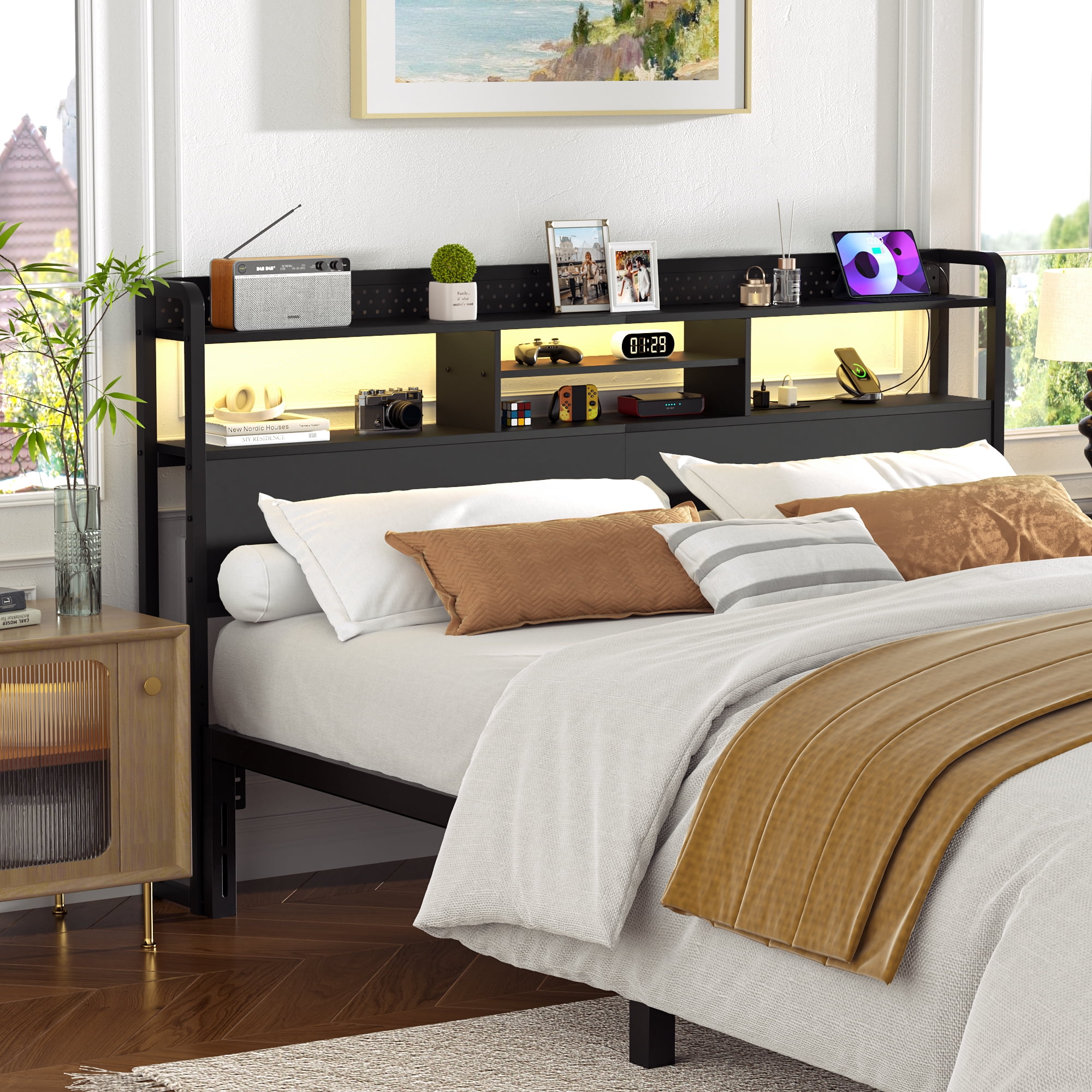 iSunirm King Headboard Only, Headboard for King Size Bed with Outlets and Storage, Bookcase Headboard with LED Lights, Height Adjustable, Sturdy and Easy Assembly, Black