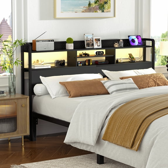 iSunirm King Headboard Only, Headboard for King Size Bed with Outlets and Storage, Bookcase Headboard with LED Lights, Height Adjustable, Sturdy and Easy Assembly, Black