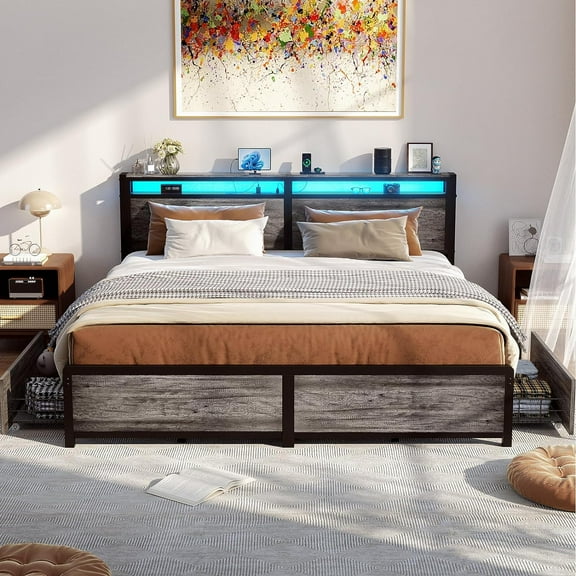 iSunirm King Size Bed Frame with 4 Storage Drawers, King Platform Bed Frame with Storage Headboard, Comes with Charging Station and LED Light, No Box Spring Needed, Easy Assembly, Black Oak