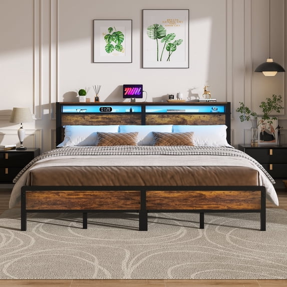 iSunirm King Size Bed Frame with Charging Station and Led Lights, Storage Headboard, No Box Spring Needed, Noise-Free, Rusty Brown