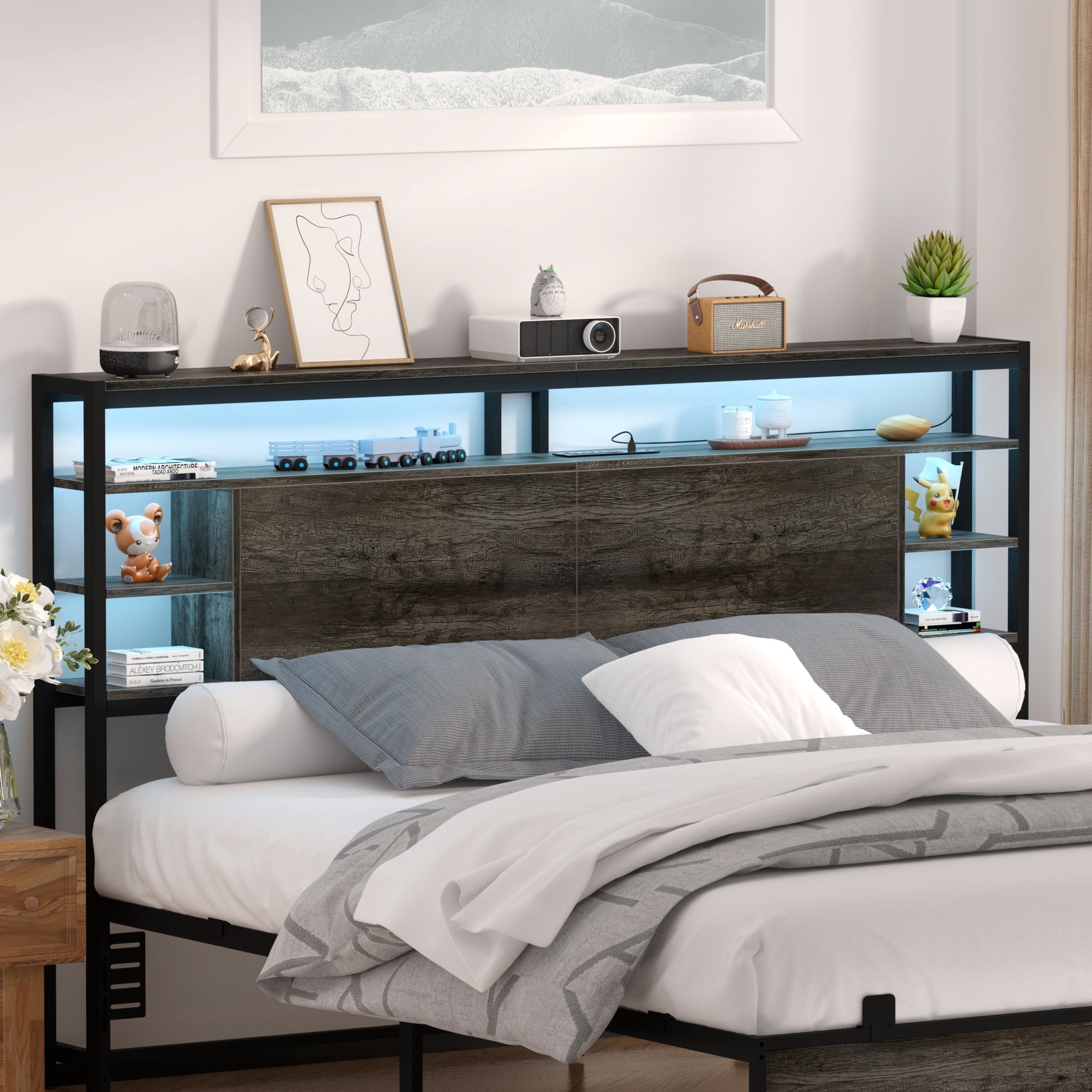 iSunirm King Size Headboard with Storage, Headboard with Power Outlets ...