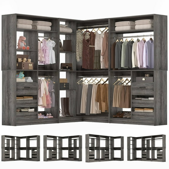 iSunirm L Shaped Closet System, 3-in-1 Walk-in Closet Organizer System with Drawers, Hanging Rods, and Storage Shelves, Wardrobe Closet System with Corner, for Bedroom/Closet/Kitchen, Black Oak