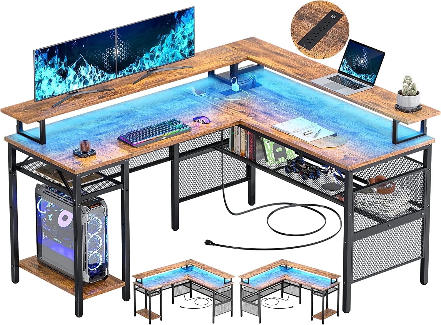 iSunirm L Shaped Computer Desk, Corner L Shaped Desk with Power Outlet and LED Light Strip, Reversible L Desk with Monitor Stand, Ergonomic 2 Person Office Desk for Home and Office, Rustic Oak