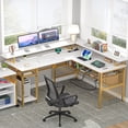 thumbnail image 1 of iSunirm L Shaped Computer Desk, Corner L Shaped Desk with Power Outlet and LED Light Strip, Reversible L Desk with Monitor Stand, Ergonomic 2 Person Office Desk for Home and Office, White Gold, 1 of 8