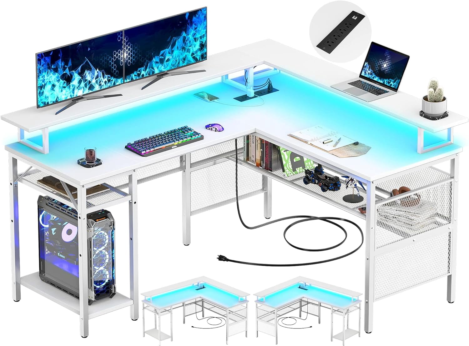 iSunirm L Shaped Desk with LED Strip and Power Outlets, Reversible ...