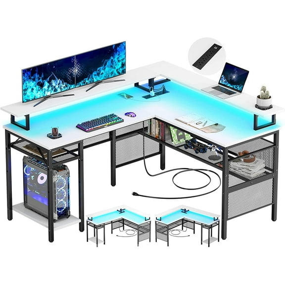 iSunirm L Shaped Desk with LED Strip and Power Outlets, Reversible Corner Computer Desks with Monitor Stand and Storage Shelf, Modern Gaming Table, Home Office Desk with USB Ports,White
