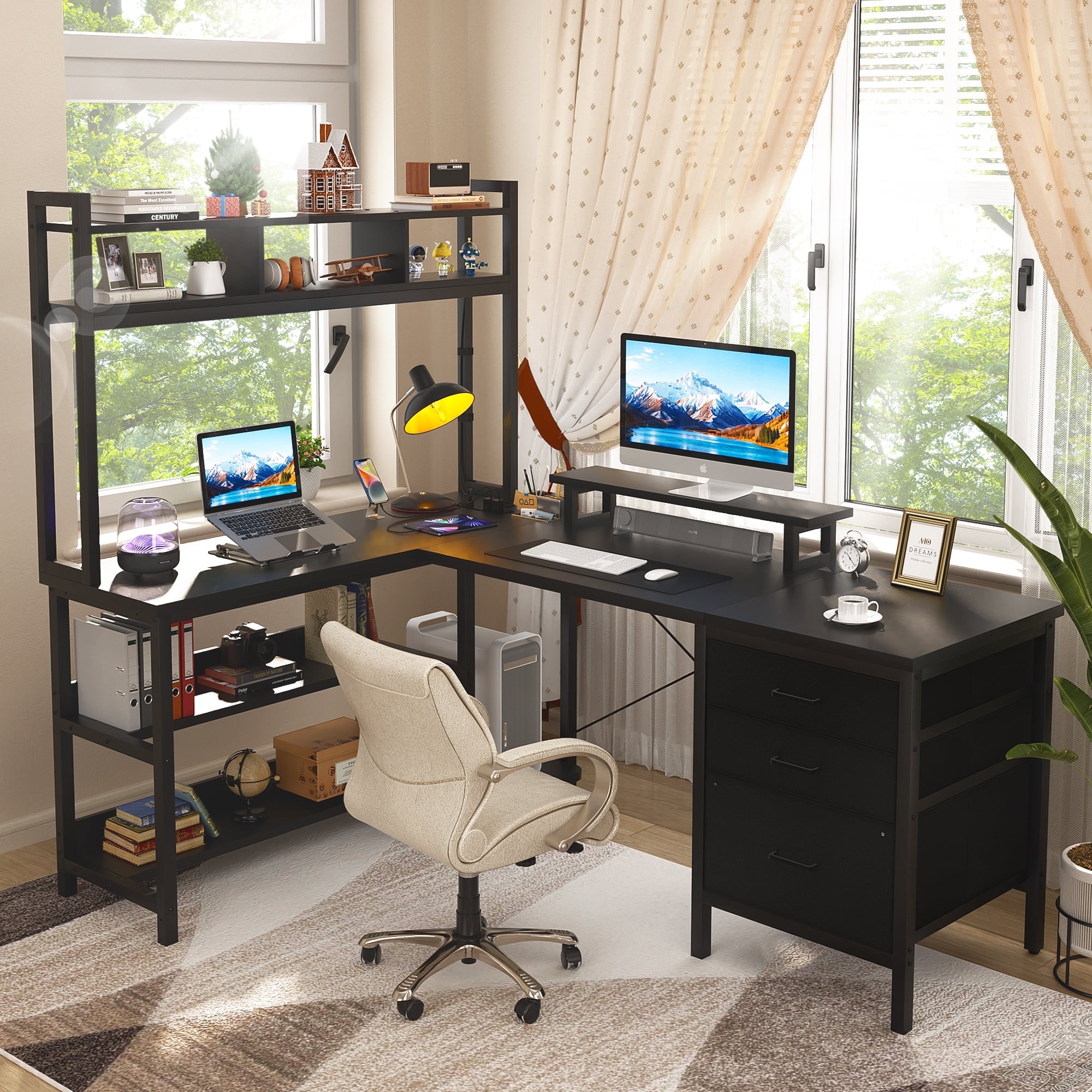 iSunirm L Shaped Gaming Desk with Storage, Computer Gaming Desk with LED Lights & Hutch, Reversible Computer Desk with Power Outlet, Corner Desk with Drawers, Shelves for Home, Black