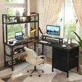 thumbnail image 1 of iSunirm L Shaped Gaming Desk with Storage, Computer Gaming Desk with LED Lights & Hutch, Reversible Computer Desk with Power Outlet, Corner Desk with Drawers, Shelves for Home, Black, 1 of 7