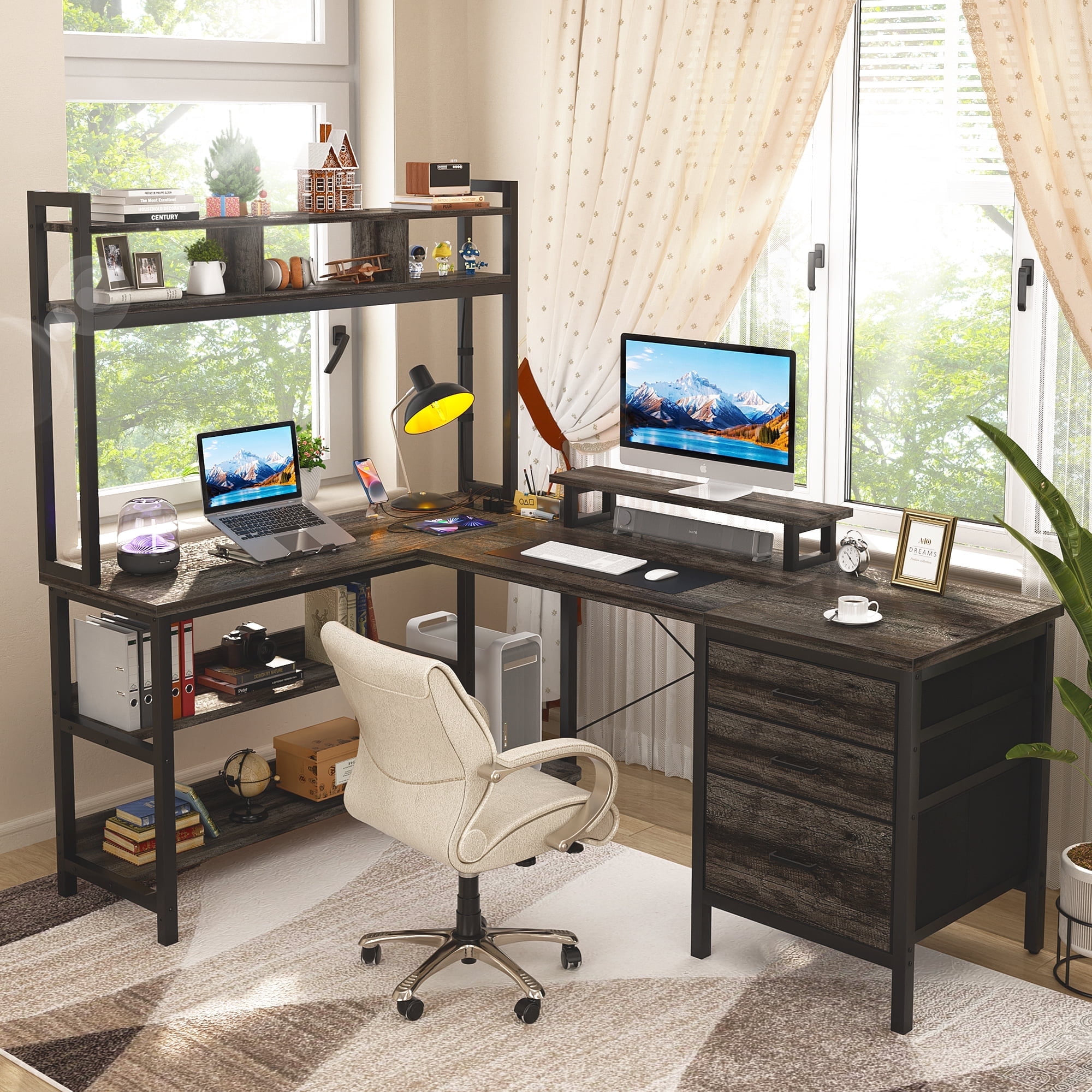 iSunirm L Shaped Gaming Desk with Storage, Computer Gaming Desk with LED Lights & Hutch, Reversible Computer Desk with Power Outlet, Corner Desk with Drawers, Shelves for Home, Black Oak