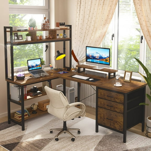 iSunirm L Shaped Gaming Desk with Storage, Computer Gaming Desk with LED Lights & Hutch, Reversible Computer Desk with Power Outlet, Corner Desk with Drawers, Shelves for Home, Rustic Brown