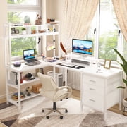 iSunirm L Shaped Gaming Desk with Storage, Computer Gaming Desk with LED Lights & Hutch, Reversible Computer Desk with Power Outlet, Corner Desk with Drawers, Shelves for Home, White