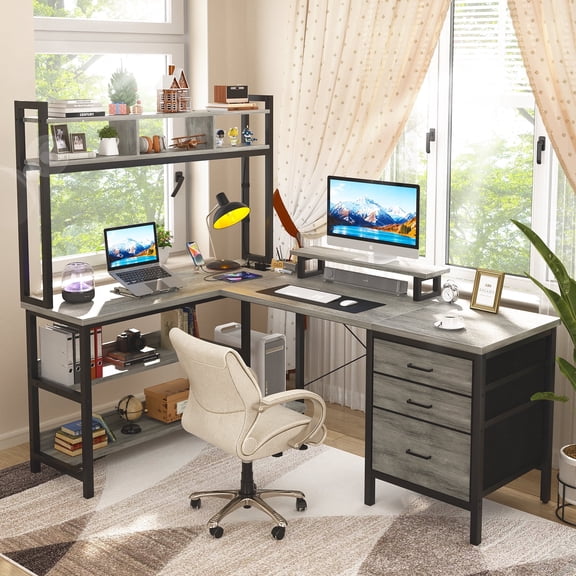 iSunirm L Shaped Gaming Desk with Storage, Computer Gaming Desk with LED Lights & Hutch, Reversible Computer Desk with Power Outlet, Corner Desk with Drawers, Shelves for Home, White Oak