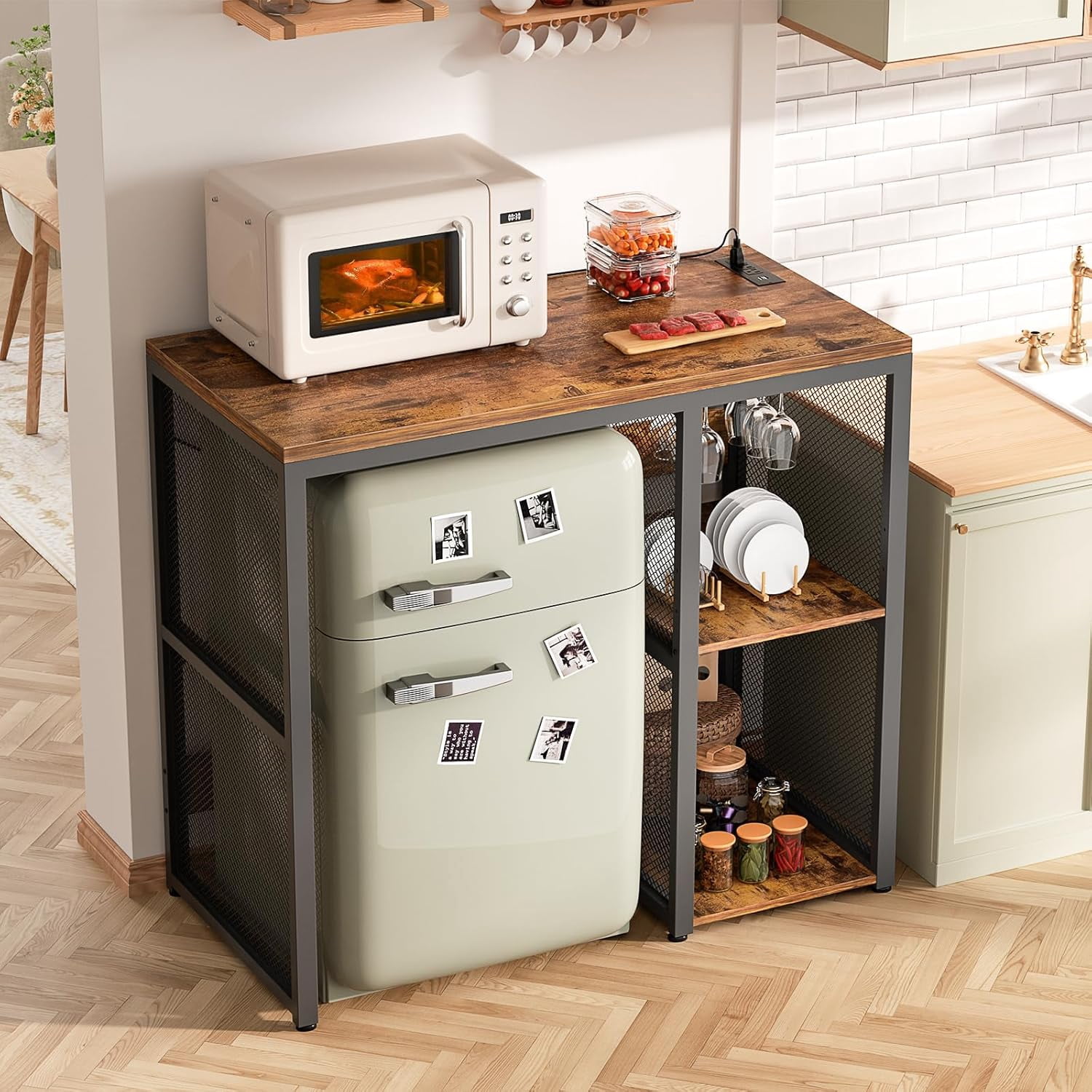 iSunirm Mini Fridge Stand with Storage Shelves, Kitchen Bakers Rack Microwave Stand with Charging Station & Glass Holder for Dining, Kitchen, Living Room, Rustic Brown