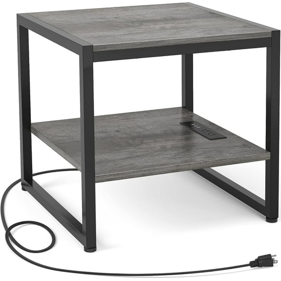 iSunirm Mini Refrigerator Stand with Charging Station, 2-Tier Portable Fridge Table with Storage for Dining, Kitchen, Living Room, Gray Oak